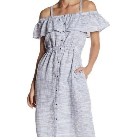New!! Lucky Brand Large button-down pocket cold shoulder linen dress ruffle midi - Picture 14 of 14